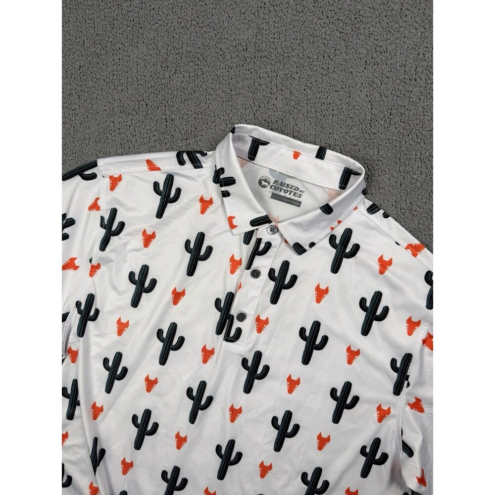 Raised By Coyotes Shirt Mens White Cactus Print Polo Golf Stretch Casual